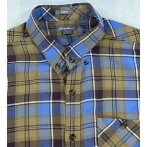 Eddie Bauer Mens XL Classic Fit Flannel Shirt Blue Olive Plaid Button Down